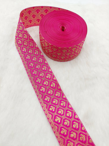 Jacquard Saree Border, Fuchsia Pink And Gold Woven Thread Work Trim, Jacquard Trimming Decorative Trim
